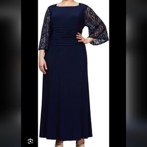 SLNY Elegant Navy Lace Sleeve Dress